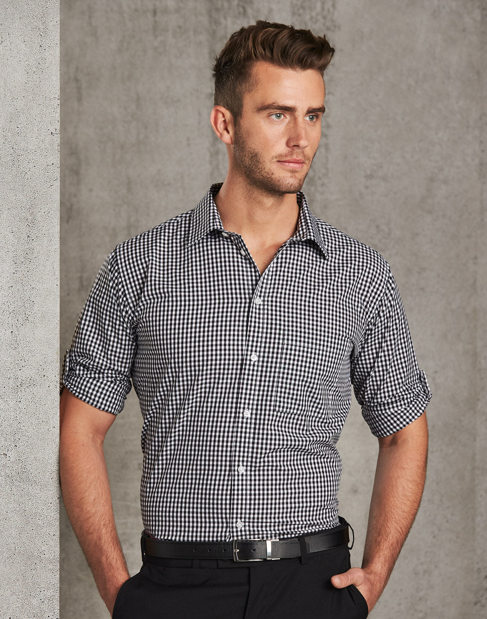 Benchmark M7300L Men’s Gingham Check Long Sleeve Shirt with Roll-up Tab Sleeve