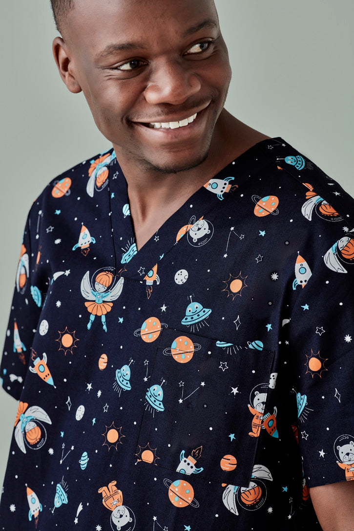 BIZ CARE MENS SPACE PARTY SCRUB TOP CST148MS