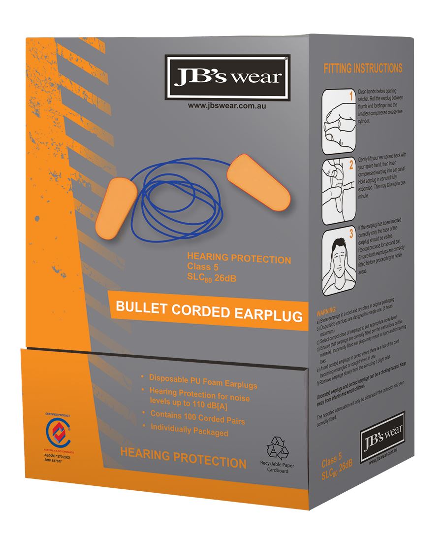 JB's Wear BULLET SHAPED CORDED EARPLUG (100 PAIR) 8P001