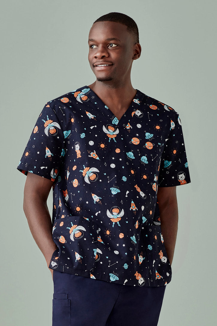 BIZ CARE MENS SPACE PARTY SCRUB TOP CST148MS