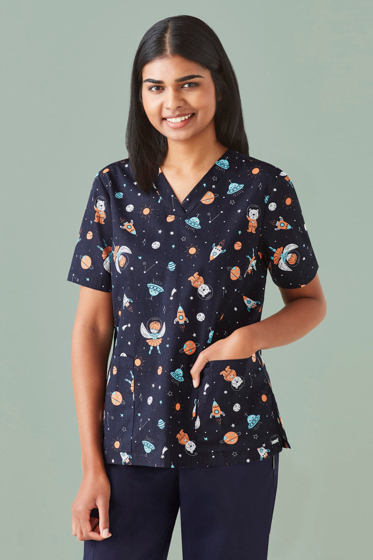 BIZ CARE WOMENS SPACE PARTY SCRUB TOP CST148LS